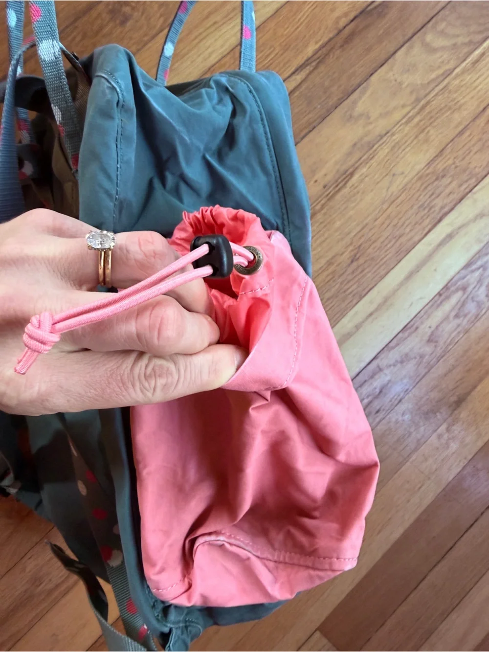 Fjallraven gray and pink polka dot backpack